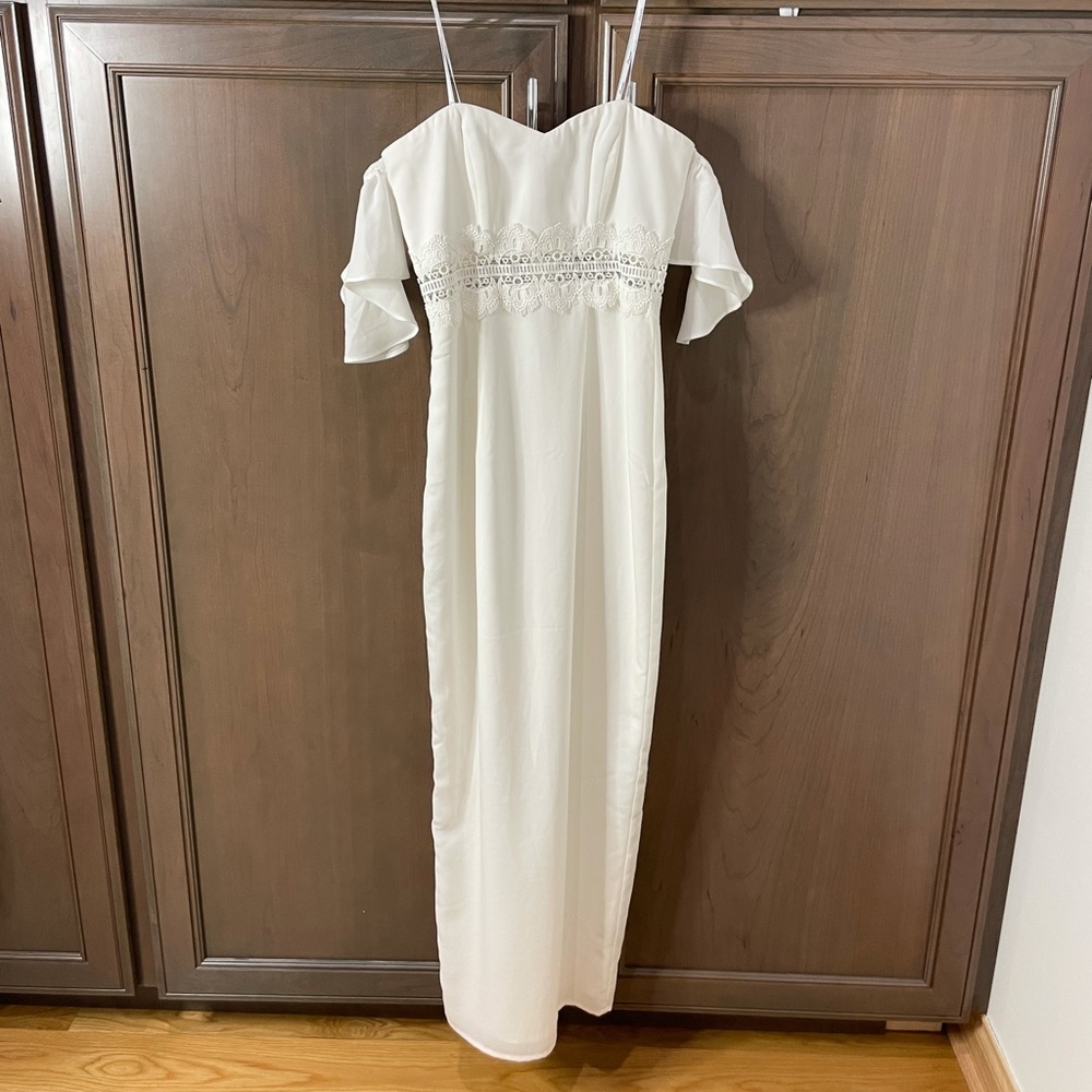 Lumier by Bariano OTS Boned Strapless White Maxi Lace Waist Slit Zip Closure XS
